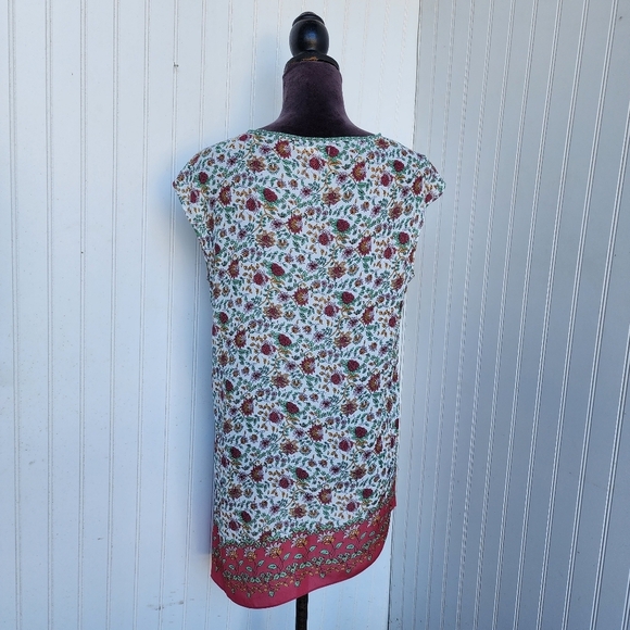 Max Studio Floral Cap Sleeve Asymmetrical Top Blouse Woman's White Pink Green S - Picture 7 of 13